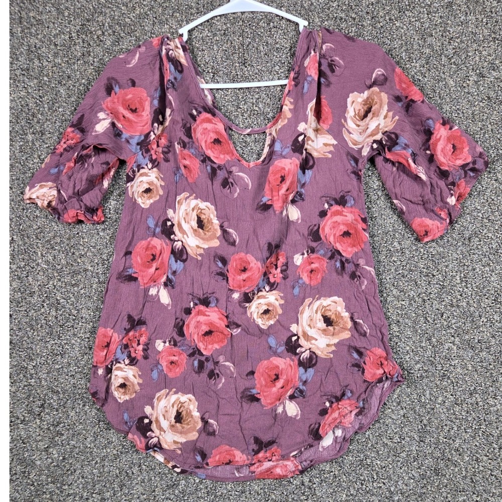 Ivory Love Blouse Womens Medium Purple Floral Cold Shoulder Strappy V-Neck Rayon